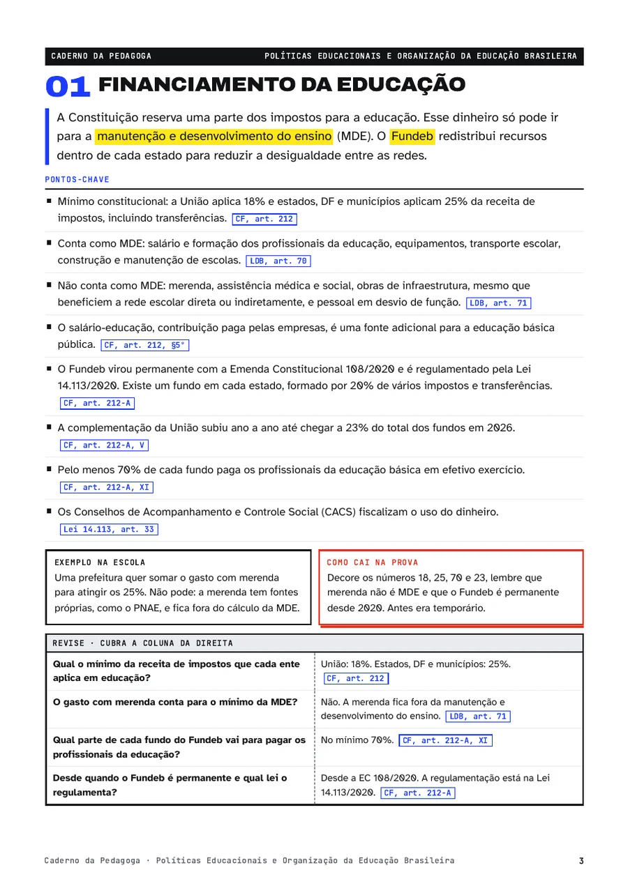 Página do PDF colorido sobre financiamento da educação, com marca-texto, pontos-chave e quadro de revisão